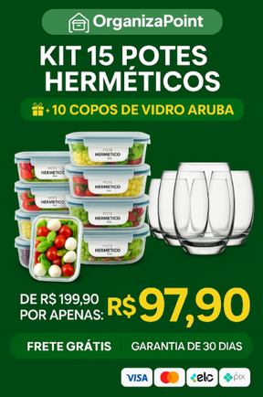 Kit 15 Potes Herméticos de Vidro + 10 Copos de Vidro Aruba de Brinde